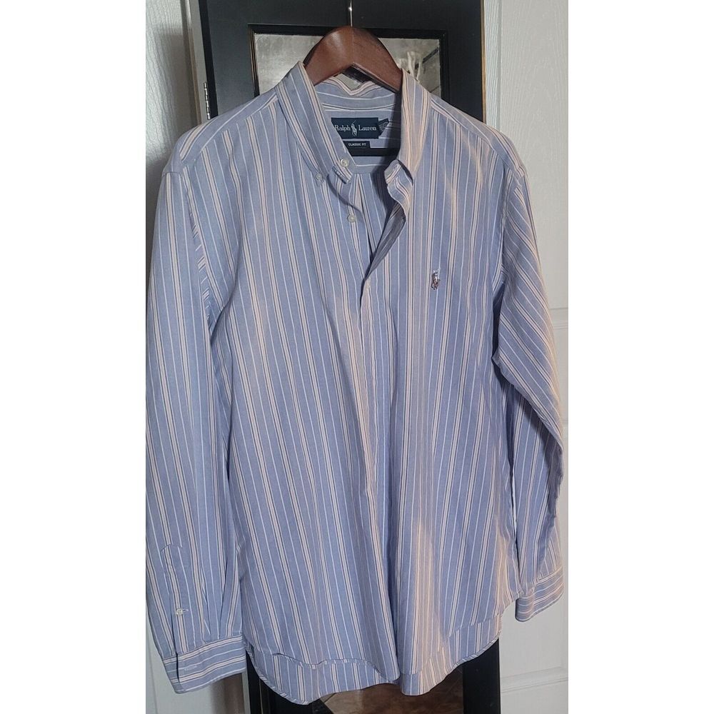 Ralph Lauren Men's Blue‎ Striped Casual Shirt Short Sleeve Size XL Classic Fit
